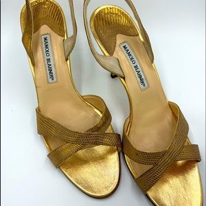 Manolo Blahnik gold lizard stamped sling back